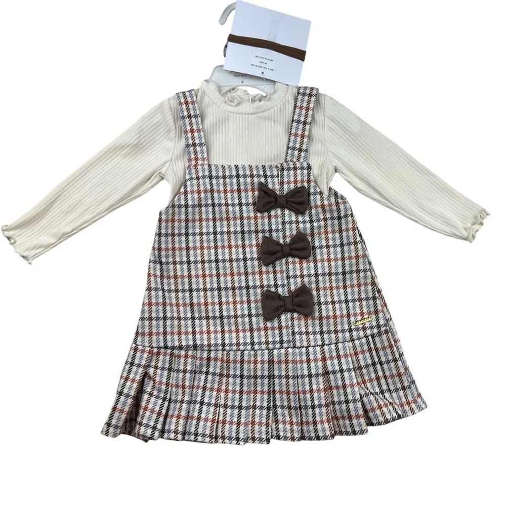 Tahari Baby Girl 3pc Long Sleeve Dress Bow Matching Set Houndstooth Size 12M